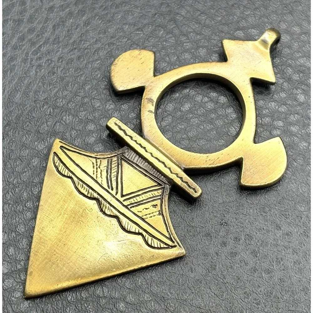 Tribal Mali Touareg Amulet Cross Pendant Long Brass Tone Geometric Signed VM